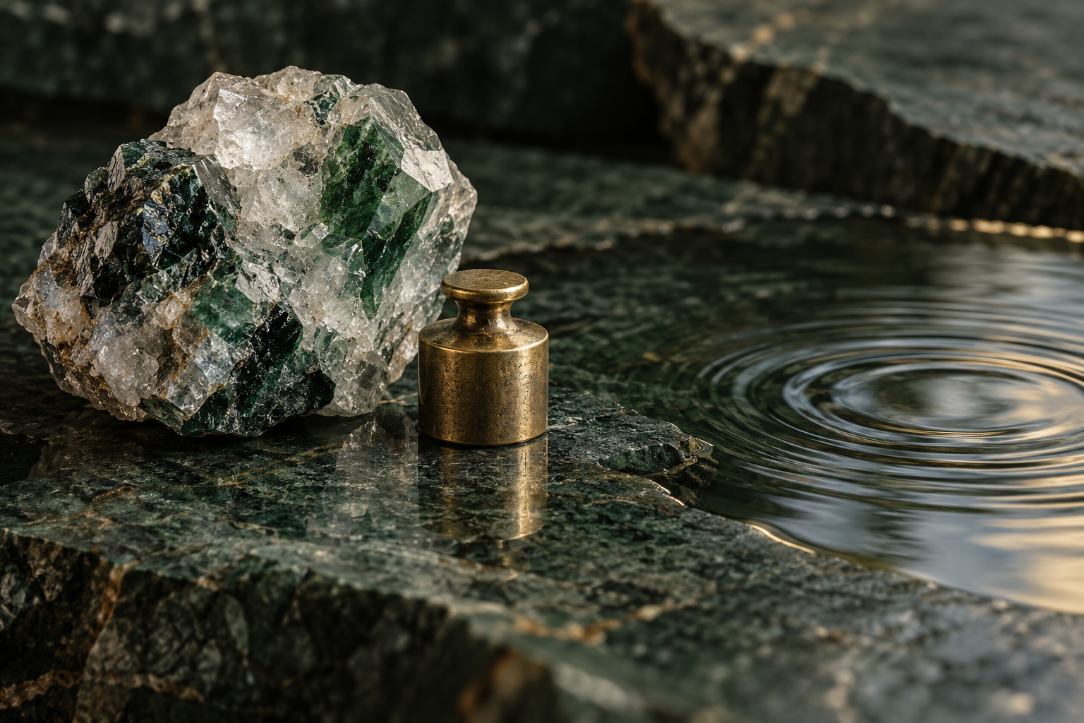 Cristal mineral sobre piedra verde húmeda junto a ondas de agua; ilustración editorial conceptual