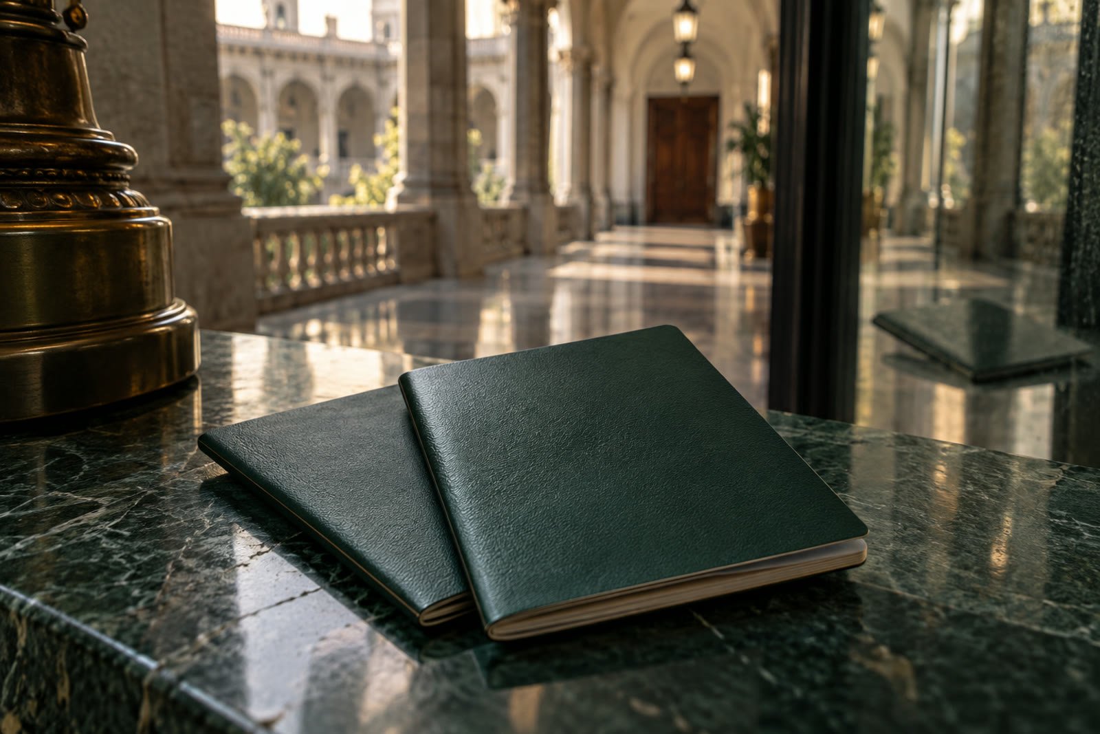 Libretas verdes sin texto sobre una mesa oscura; imagen editorial ilustrativa