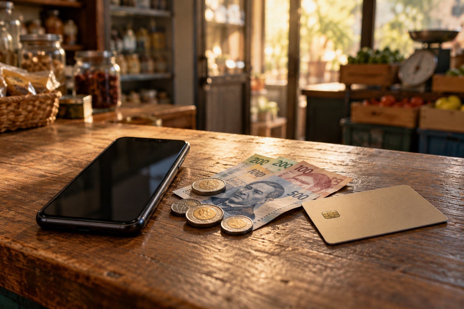 Teléfono, billetes, monedas y tarjeta bancaria sobre el mostrador de un comercio; imagen ilustrativa