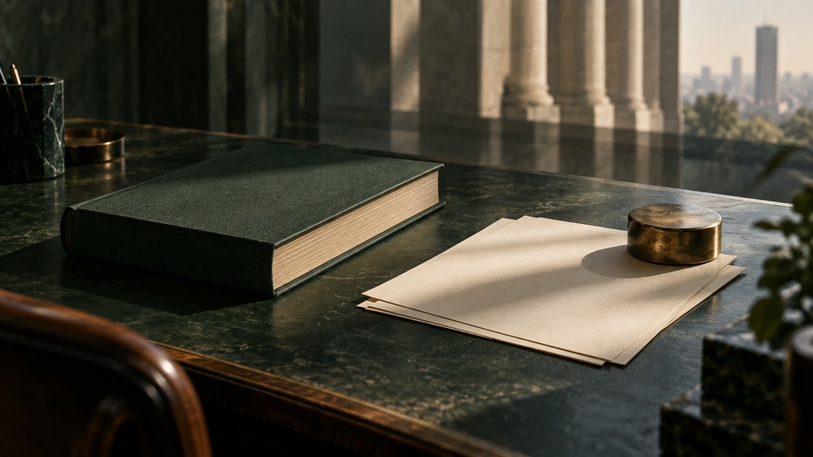 Naturaleza muerta editorial con un libro jurídico sin texto y documentos en una mesa verde