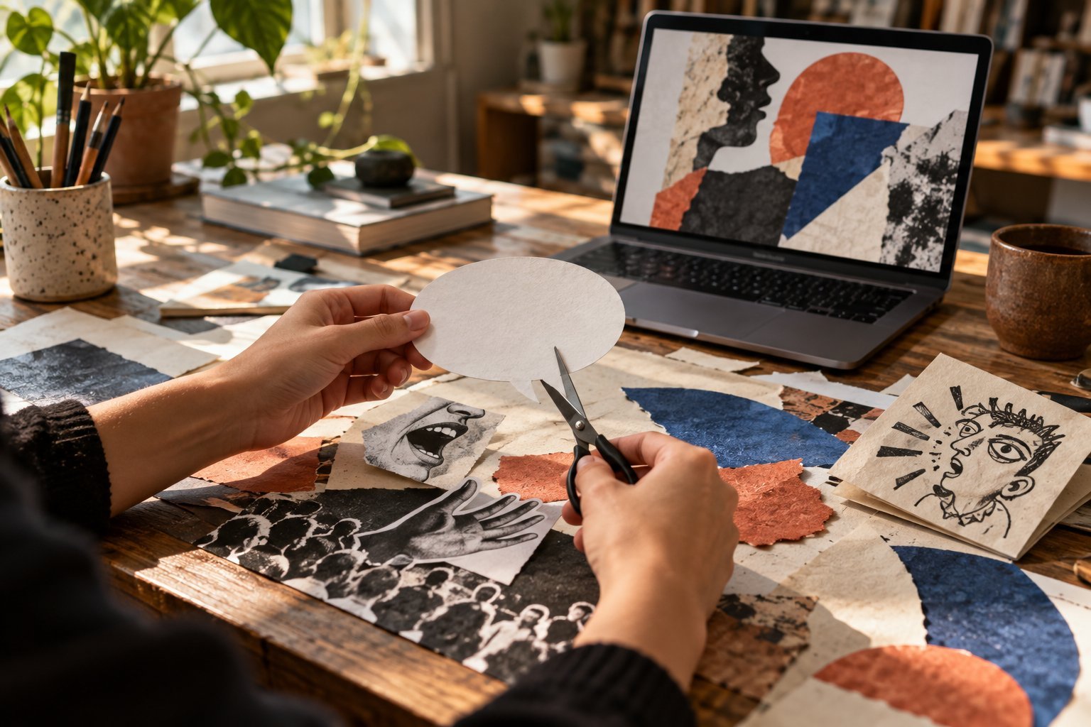 Manos recortan una viñeta de papel junto a una computadora, imagen editorial sobre autoría y cultura digital